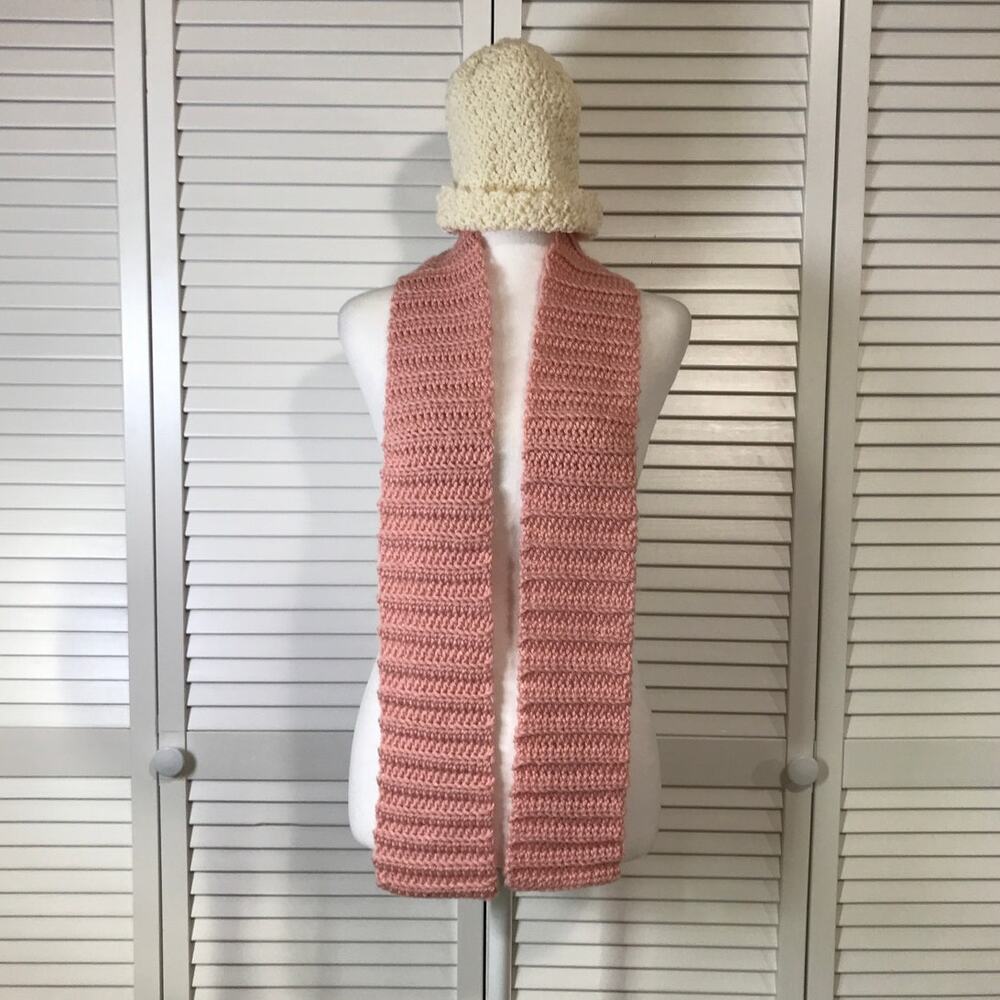 NWT Handmade Crocheted Cream Pink Textured Beanie Scarf 58”